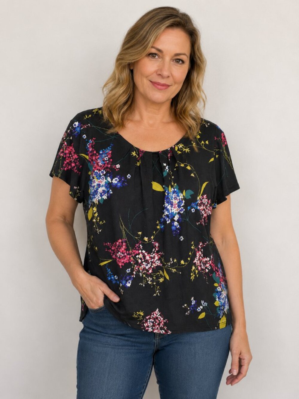 Worthington Petite Women XL Black Floral Blouse Short Sleeve Stretch Career Top
